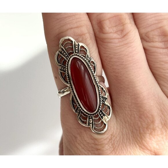 Carnelian Accented Southwest Scalloped 925 Sterling Silver Vintage Ring - sz 8 - Picture 1 of 12